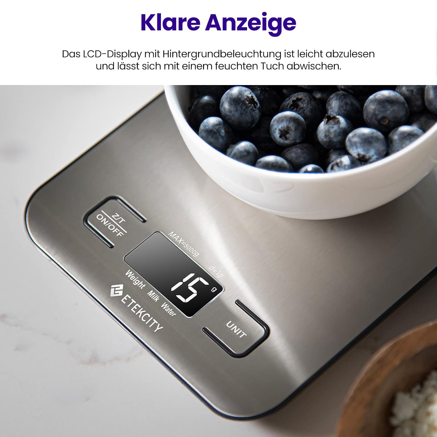 ETEKCITY Küchenwaage Digital - Edelstahl 304 - Lebensmittelgeeignete Waage Küche - Leicht zu Reinigen - Feinwaage mit Beleuchtetem LCD-Klare und gut Lesbare Kithchen Scale - 5 KG-1g - Edelstahl-Silber