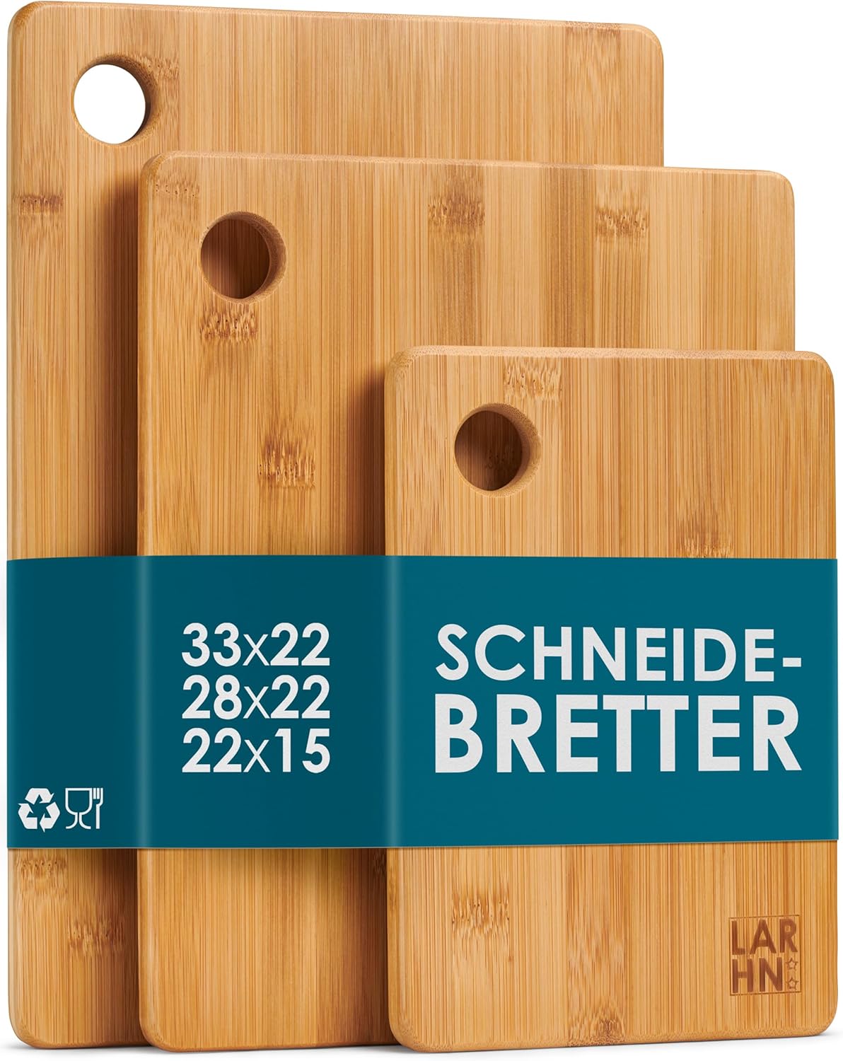 Schneidebrett Holz (3er Set) - 3 Extra Dicke Bambus-Schneidebretter - 33 x 22 cm / 28 x 22 cm / 22 x 15 cm - Die Perfekte Holzbrett Küche, Brotbretter und Servierbretter - von LARHN